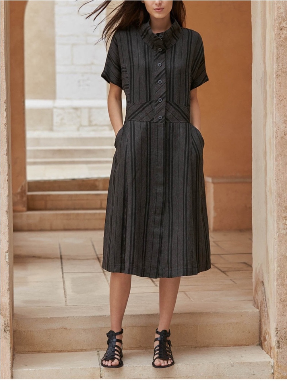POETRY CHARCOAL GRAY AND BLACK STRIPED LINEN SHIRT DRESS  US SIZE 16